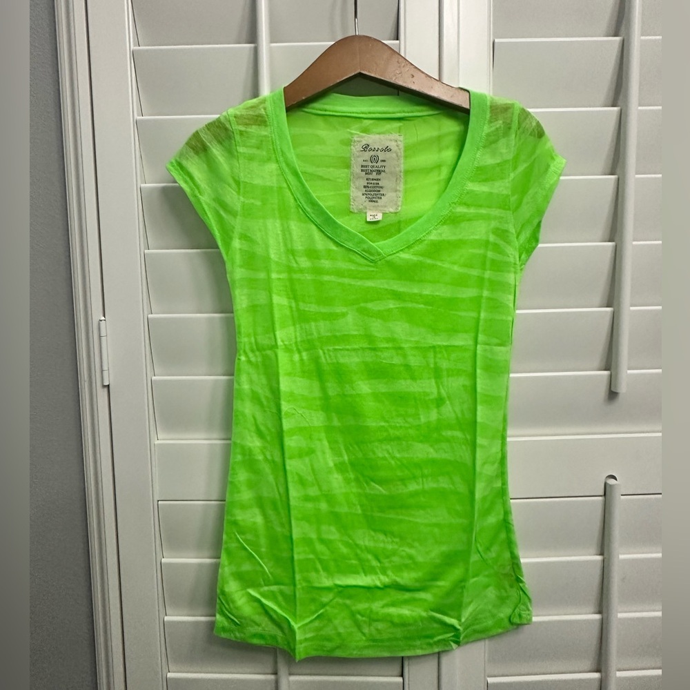 Bozzolo Neon Green Burnout V-Neck‎ Tee RT1894SN Women Small Y2K Cap Sleeve Shirt